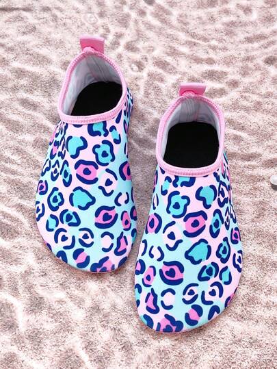 Kids Outdoor Beach Shoes, Girls Leopard Print Colorful Soft Bottom Lightweight Breathable Beach Water Swimming Aqua Socks