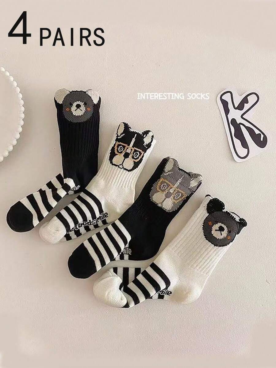 4 Pairs Colorful Cartoon Striped Cute Bear & Dog Pattern Soft Comfortable Versatile Unisex Kids Mid-Calf Socks, Spring/Summer - Multicolor - View 1