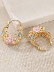 一对创意复古彩色花朵镂空环状耳环，女性节日聚会、结婚周年纪念礼物的精美配饰 - 金色 - 查看 3
