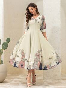 Women's Random Print V-Neck Elegant Long Dress - Apricot - View 5