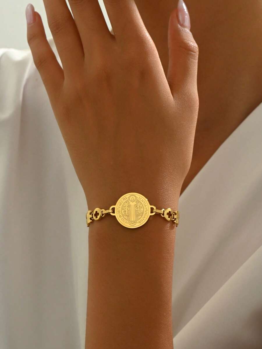 1 chiếc vòng tay chuỗi chữ thập rỗng hình học bằng thép không gỉ cổ điển, thích hợp cho tiệc tùng, lễ hội, tụ họp - Vàng - Xem 1