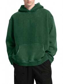FAIABLE Mens Hoodies Oversized Unisex Wash Hoodie Heavyweight Fleece Vintage Cotton Sweatshirt Men Women Streetwear - 墨綠色 - 查看 2