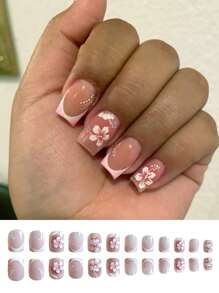 24Pcs Small Square Nails, Creative And Elegant Blooming Flowers Fake Nails, Detachable Full Hat Fake Nails Sticker. Press On Nails Nail Supplies Nails - Multicolor - View 3