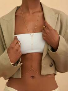 18K Gold Plated Stainless Steel Round Ball Design Body Chain Necklace For Women, Minimalist Style For Beach Wear'