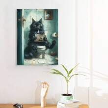 Framed Humorous Black Cat On Toilet Reading Newspaper Canvas Art Print - Unique Bathroom Wall Decor For Cat Lovers - Canvas Poster - Framed - View 2