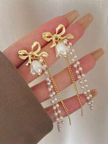 1 Pair Fashionable Elegant Minimalist Personalized Bowknot Faux Pearl Tassel Earrings, Suitable For Valentine's Day, Wedding, Holiday And Daily Wear - Multicolor - View 2