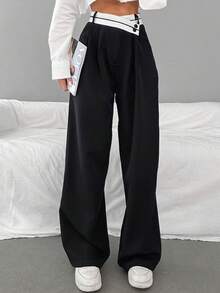 ELVA Women's Summer Casual Asymmetric Waist Contrast Color Wide Leg Pants, - Black and White - View 3