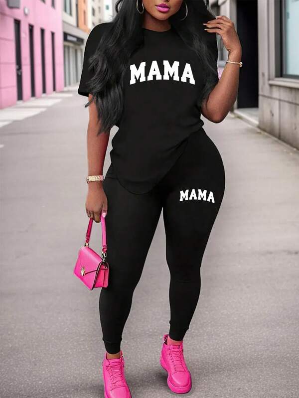 MAMA lässiges Frühlings-/Sommer-Zweiteiliges Set, Rundhals Kurzarm T-Shirt und Hose Set, Damenbekleidung