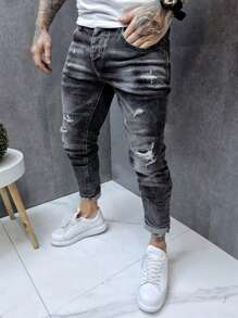 Men's Slim Fit Distressed Denim Jeans - Grey - View 3