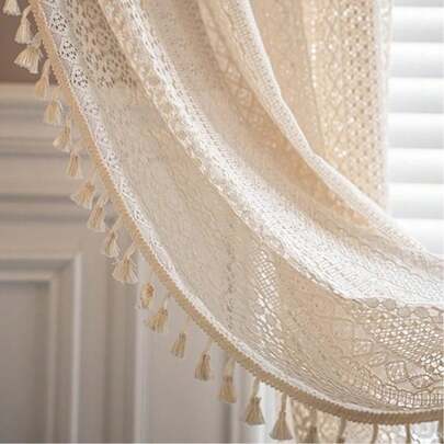 1 stuk Bohemian Classic holle bloemenpatroon beige kwastjes transparante gordijn, roede zak bovenaan, gemakkelijk op te hangen, lichtgewicht en zacht, lichtfilterend, wasbaar, boerderijdecoratie voor slaapkamer, woonkamer, eetkamer, keuken, kast, kantoor