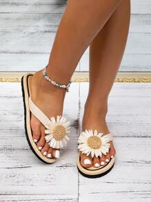 Giày đế bằng mùa hè in hoa thời trang nữ màu trắng, dép xăng đan đi biển thông thường - Màu be - Xem 2