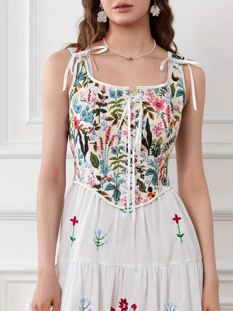 Women Corset Camisole, Vintage Sleeveless Flower Lacing Slim Fit Tops For Party Club