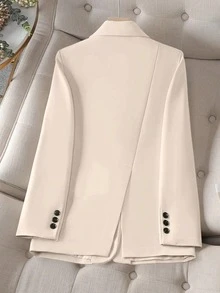 女士纯色翻领长袖单排扣休闲办公薄款外套，夏季 - 杏色 - 查看 3