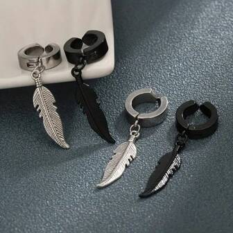 1 对时尚羽毛吊坠耳环，优雅夹式耳环，适合无耳洞人士，时尚男士朋克设计，假耳夹耳环