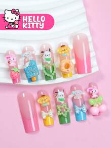 Sanrio Sanrio Sanrio Hello Kitty 24PCS Press On Nails Long Square Press On Nails Multi Colored French Cute MYMELODY CINNAMOROLL POCHACCO And POMPOMPURIN 3D With Heart Pearls, Star Pearls, Bows, Cherry Ice Cream, And Donuts Design Nail Kit Contain 1pc Jelly Glue And 1pc Nail File ,Hello Kitty Nails For Women And Girls Daily Life And Party Use