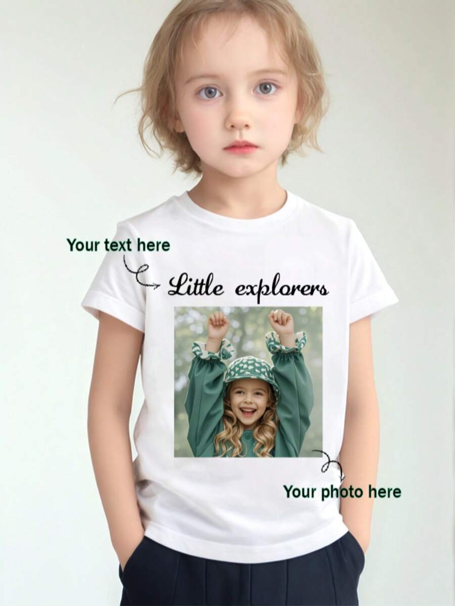 Personalized Pattern & Text Customization, Customize Your Child's Photo/Group Photo/Pet/Landscape, Birthday/Anniversary Holiday Pattern Customization, Team/Outdoor/Class Uniform Customization, Girls' Short Sleeve Round Neck T-Shirt, Customized Gifts, Cultural T-Shirts, Summer Girls' Top