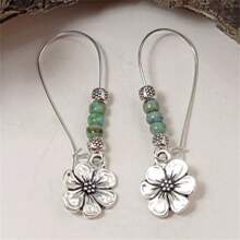 1 Pair Boho Style Vintage Blue Bead & Flower Dangle Earrings, Everyday Party Jewelry Gift