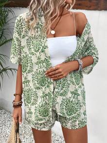 Women's Short Sleeve Shirt And Elastic Waist A-Line Shorts Casual Resort Floral Print Outfit Summer Outfit