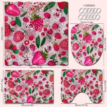1/4 pièces Ensemble de rideaux de salle de bain à thème fraise et cerise, tapis de salle de bain, tapis de toilette en U, couvercle de siège de toilette, rideau de douche imperméable, rideau de porte/fenêtre de style mode, rideau de cloisonnement de salle de bain moderne, sans besoin de percer des trous, en tissu de polyester, lavable en machine, rentrée des classes