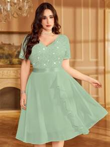 优雅 V 领亮片蕾丝撞色雪纺荷叶边鸡尾酒会摆裙 - 薄荷綠 - 查看 12