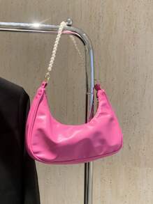 Bolso de hombro con cadena de perlas en forma de media luna con estilo, bolso baguette de hombro con estilo, bolso pequeño de mano, bolso casual para exteriores, bolso versátil para transporte