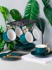 1 Set (1 Cup, 1 Saucer, 1 Spoon) / 1 Set Of 6 Cups, 6 Saucers, 6 Spoons (With Black Holder + Cherry Blossom Gold Spoon) Ceramic Coffee Cup, Saucer, Elegant Coffee & Dessert Plate, Classic Afternoon Tea Set, Creative Minimalist Afternoon Tea Cup, Coffee Cup Set, Solid Color Graceful Series, Espresso Cup With Handle, Mug, Milk Cup, Space-Saving Essential, Must-Have For Coffee Lovers, For Daily Home & Office Use, Family/School Supplies, Holiday Gift, Suitable For Home, Garden, Restaurant, Holiday Events - Dishwasher Friendly Back To School