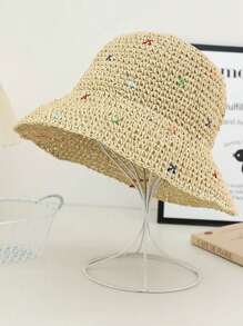 1pc Women's Handmade Straw Sun Hat, Foldable Wide Brim Bucket Hat For Outdoor, Beach, Vacation