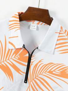 Bộ 2 áo thun polo tay ngắn và quần short nam, áo thun polo tay ngắn in hình lá 3D + quần short, trang phục dạo phố và bãi biển mùa hè, trang phục ấm áp - trái cam - Xem 4