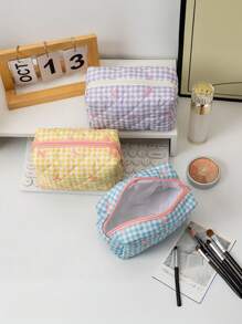 1 Stück neue karierte Schleifen Großraum-Clutch Aufbewahrungstasche, Münztasche tragbar, frisch und einfach, japanischer und koreanischer Studenten Beliebte Aufbewahrungstasche für Ausweise, Kosmetika, Datenkabel. Süßer, mädchenhafter Kosmetiktasche