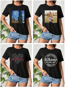 Customized Women Short Sleeve T-Shirt, Personalized Graphics Printing, Upload Your Photo/Logo/Poster/Family Photo/Company Team Photo, Women T-Shirt For Spring/Summer, Valentine's Day Gift, Anniversary Gift, Music Festival, Wedding/Party, Custom Culture Shirt, Festival Gift, Team Uniform Custom, Summer Top, Charity Team Uniform Custom - Black - View 2