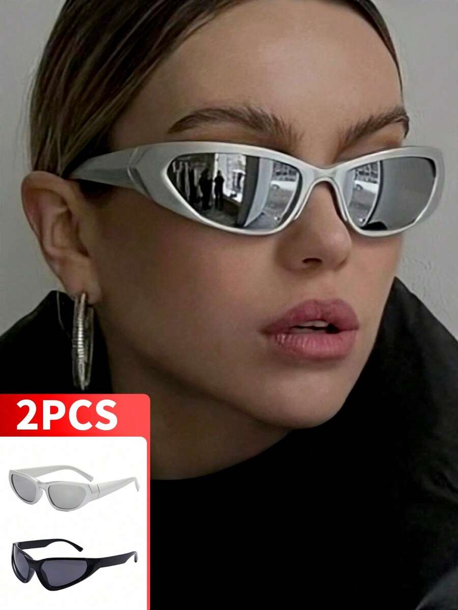 2pcs Futuristic Silver Y2K Millennium Fashion Glasses