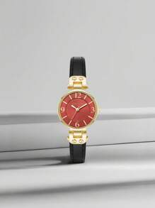 Anne Klein 黑色皮革表带石英女表，勃艮第阳光表盘，腕表，可调节表带，女士防水手表，10/9442BYBK