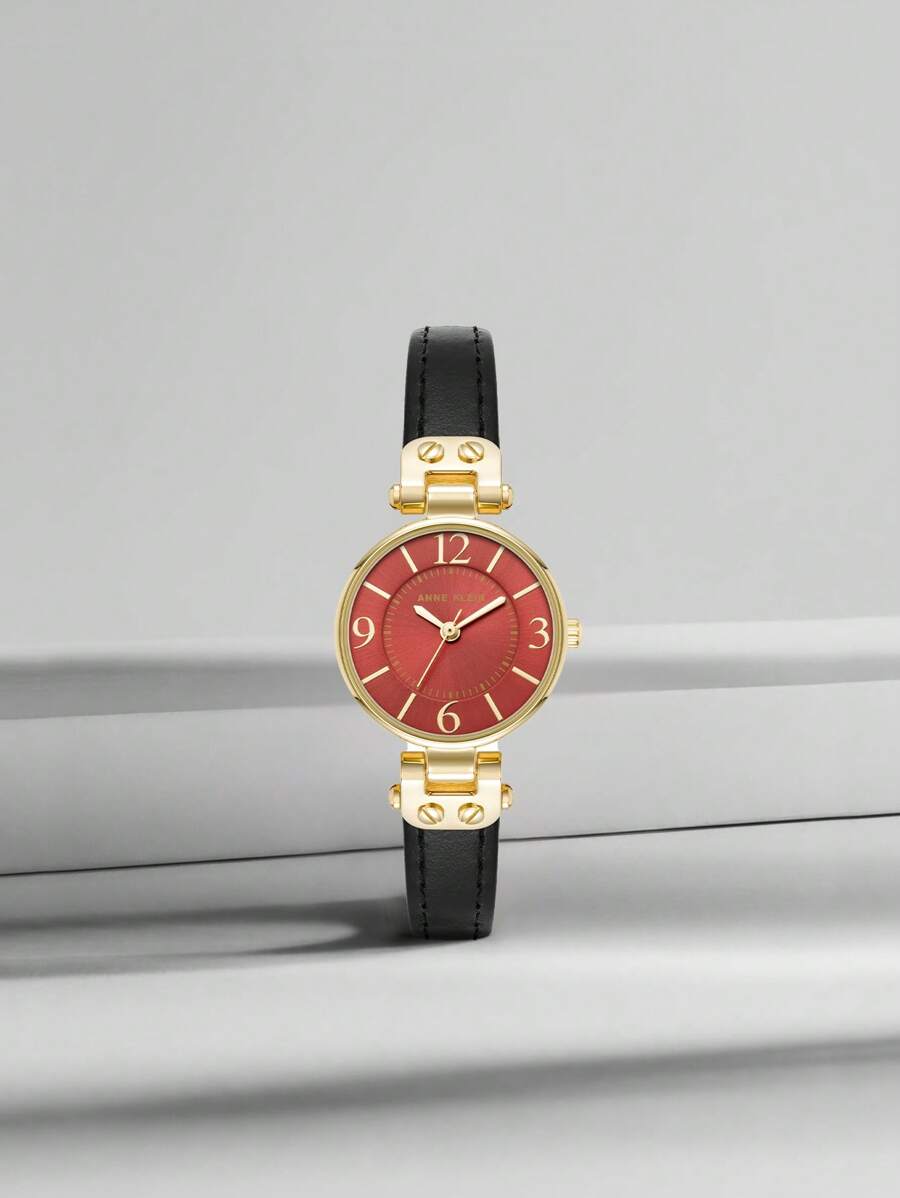 Anne Klein 黑色皮革表带石英女表，勃艮第阳光表盘，腕表，可调节表带，女士防水手表，10/9442BYBK