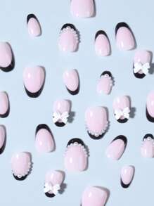 24pcs Short Oval Glossy Black French Tip Press-On Nails White Bow With Pearl Design Perfect Fit Design Acrylic False Nails Set Contains 1 Jelly Glue And 1 Nail File Suitable For Women And Girls Daily Work Study And Party Use