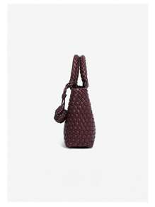 Tas Keranjang Anyaman Kubis Modis, Tas Tangan Komuter Kapasitas Besar, Set 2-in-1 dengan Tas Kecil, Tas Selempang dengan Hiasan Pom Pom Gantung - Burgundy - View 7