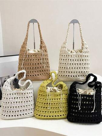 1 件 2025 新款米色镂空编织沙滩钱包，优雅轻便单肩手提包，适合女士夏季海滩外出、度假和日常使用沙滩包