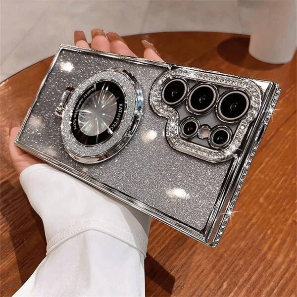 1 pieza Funda protectora de teléfono con soporte de diamante con brillo degradado y carga inalámbrica, a prueba de golpes, para Samsung S24 S25 Ultra S24 Plus S23 Ultra S22 Ultra S23 A15 A55/iPhone17 Pro Max 16 15 14 13 12 Pro Max