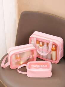 3PCS/1PC Transparent Makeup Bag, Toiletry Bag, With Monogram Print, Portable, Translucent PVC Toiletries Set, PU Scrub Bath And Swim Storage Bag, Large Capacity Travel Makeup Storage Bag, Makeup Bag Makeup Bag, Makeup Bag