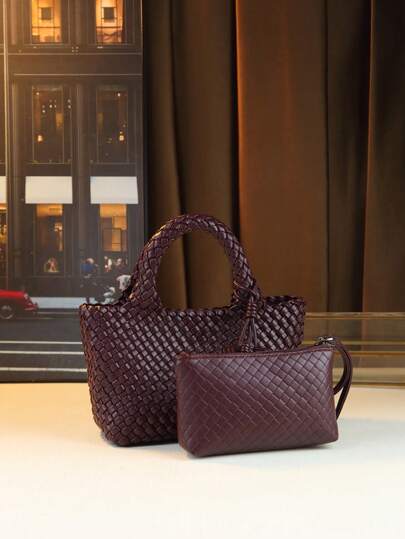 Fashionable Hand-Woven Cabbage Basket Bag, Large Capacity Commuting Handbag, 2-In-1 Set With Small Bag, Crossbody Bag With Hanging Pom Pom Decor