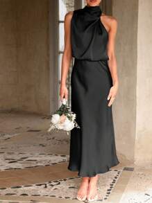Women's Summer Satin Dress Elegant Sleeveless Fake Neckline Cocktail Gown - 黑色 - 查看 5