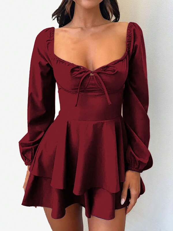 1pc Cross-Border Halter Backless Lantern Sleeve Dress, Elegant Pleated Jumpsuit Suitable For Bar, Party, Home