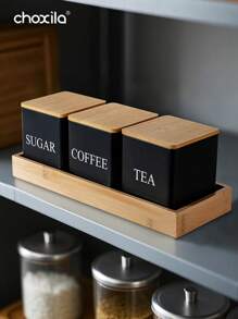 choxila 3pcs Coffee Storage Can Tea Snacks Coffee Bean Storage Can Bamboo Lid Iron Art Display Square Can Back To School