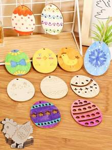10Pcs Random Style Easter Wooden Eggs, DIY Graffiti Painted Wooden Pendant For Room, Party, Patio Decoration Crafts Free Lanyard