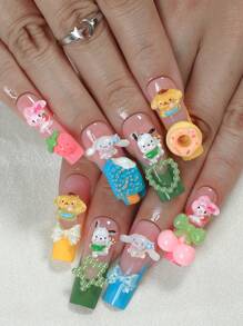 Sanrio Sanrio Sanrio Hello Kitty 24PCS Press On Nails Long Square Press On Nails Multi Colored French Cute MYMELODY CINNAMOROLL POCHACCO And POMPOMPURIN 3D With Heart Pearls, Star Pearls, Bows, Cherry Ice Cream, And Donuts Design Nail Kit Contain 1pc Jelly Glue And 1pc Nail File ,Hello Kitty Nails For Women And Girls Daily Life And Party Use