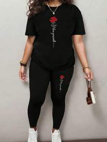 Rose Casual Spring/Summer Two Pieces Set, Crew-Neck Short-Sleeved T-Shirt And Pants Set, Women's Clothing