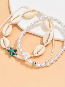 1 Set Women's Ocean Style Woven Shell Beaded Anklet Chain Set - Blue - View 3
