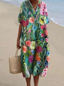 Plus Size Women's Vintage Cute Floral Art Print Casual Vacation Flowy Dress Back To School Fall Women Clothes