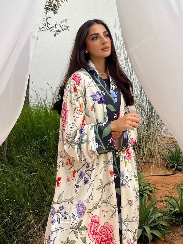 1 Piece Fashion Simple Digital Print Thorn Flower Print Ladies Solid Color Middle Eastern Long Skirt Fashion Elegant Cardigan Dress Robe Abaya Suitable For Daily Festival, Modest Kaftan