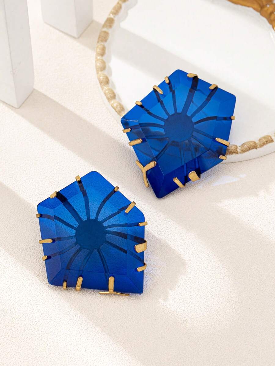 1 Pair Geometric Pattern Resin Stud Earrings For Women, Fashionable And Versatile - Blue - View 1
