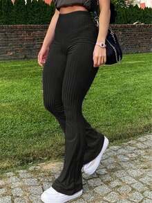 Plus Size Women Striped High Waist Casual Flare Pants - Black - View 3